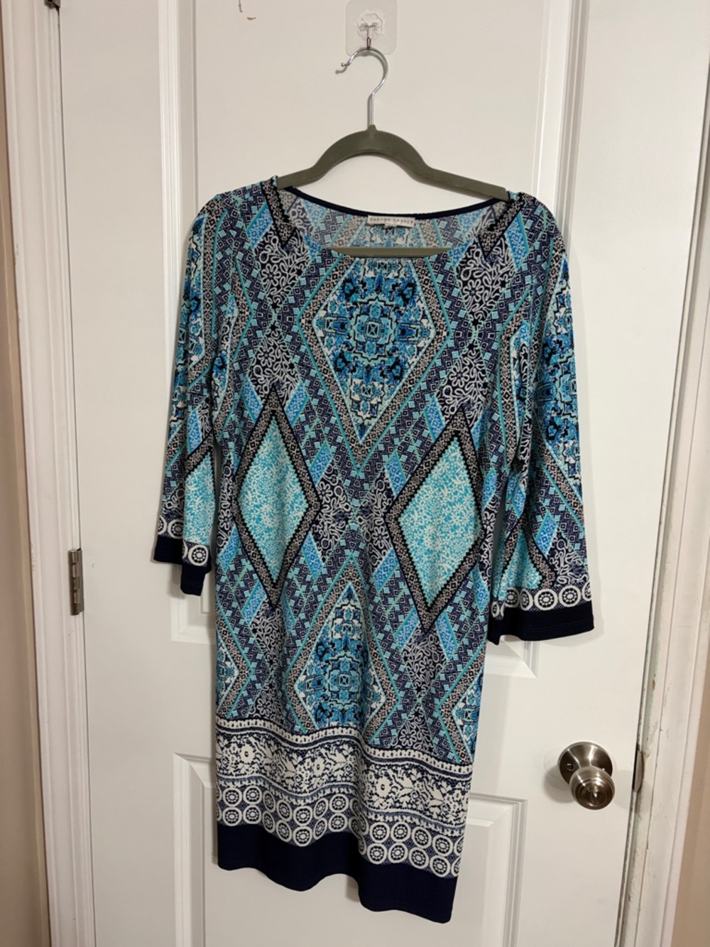 Sandra Darren Blue and White Geometric Midi Dress